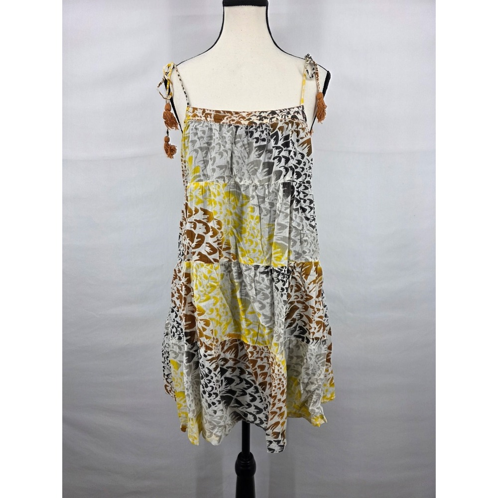 Billabong Wild Child Tiered Cotton Mini Dress Yellow Bird Print Tassels Size M